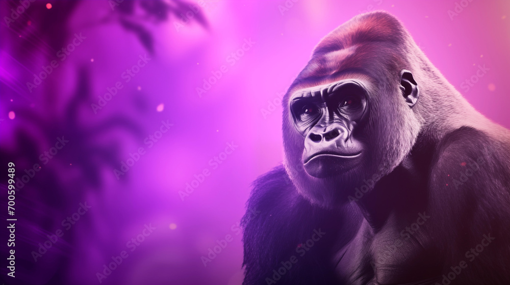Gorila isolado em um fundo roxo, lilás e lavanda com luzes desfocadas - Fundo de tela 