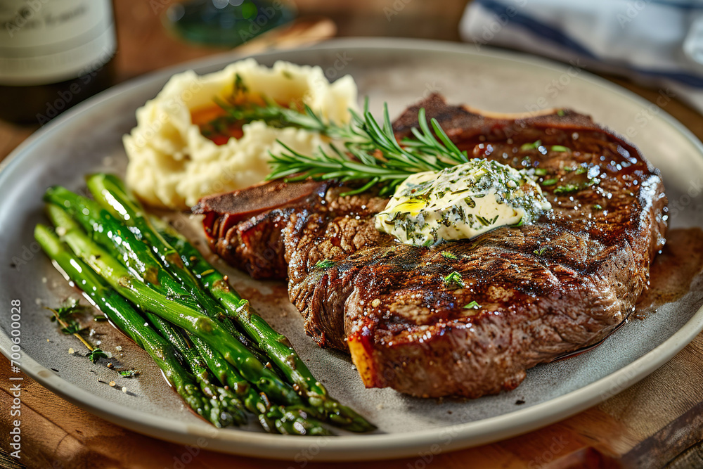 Grilled ribeye steak steak with asparagus and mashed potatoes on plate. Grilled ribeye steak steak with asparagus and mashed potatoes on plate.