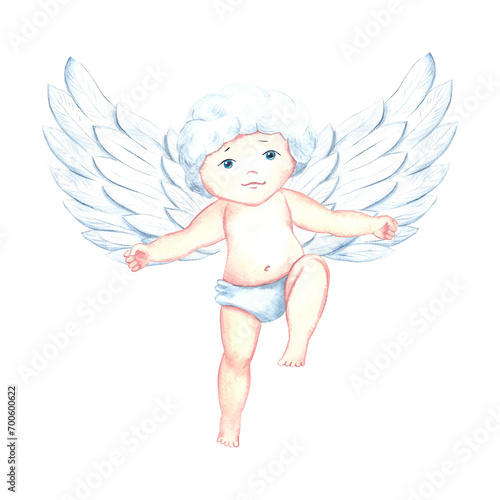 Cute charming Cupid, little angel or god Eros. Watercolor illustration, hand-drawn. Conceptual design for Valentine's Day and wedding. For postcards, prints and packaging. For flyers, banners, poster.