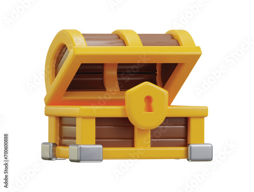 Golden wood opened treasure chest 3d rendering icon for website or game