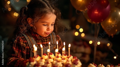 Child blowing candles on cake