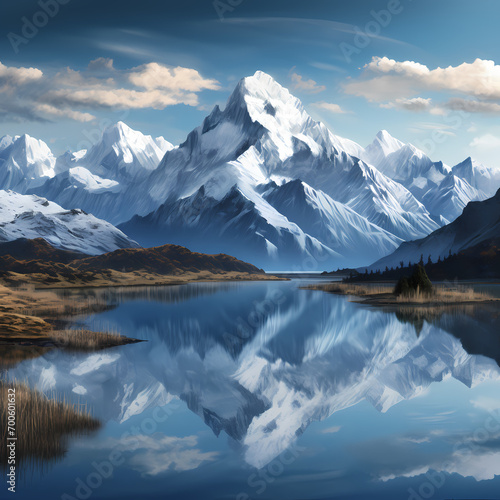 A tranquil lake with a reflection of snow-capped mountains.