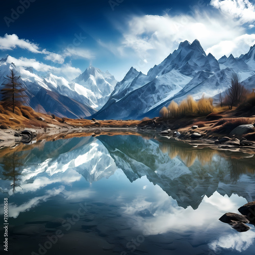 A tranquil lake with a reflection of snow-capped mountains.