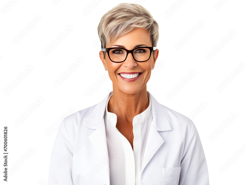 confident woman doctor smiling in white coat isolated on transparent background