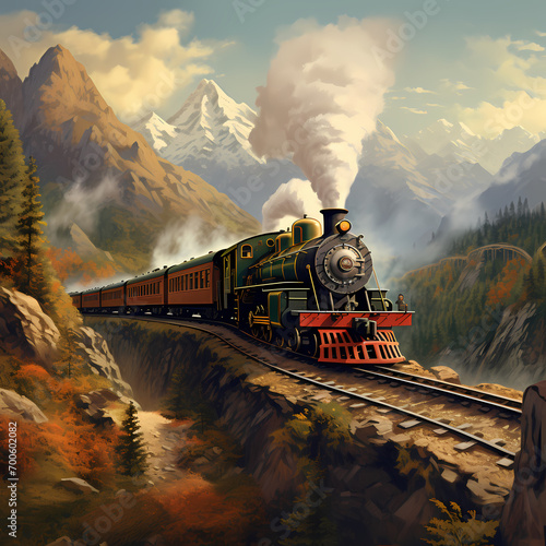 A vintage train traveling through a scenic landscape.