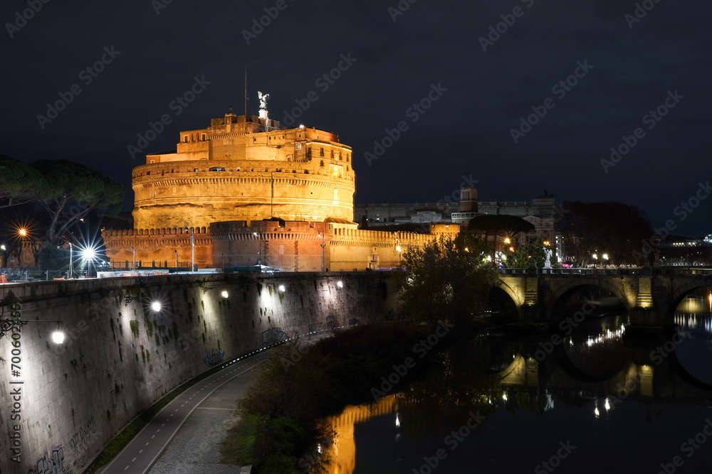 Yellow castle of Sant Angel of Rome in the night. Roman background 
