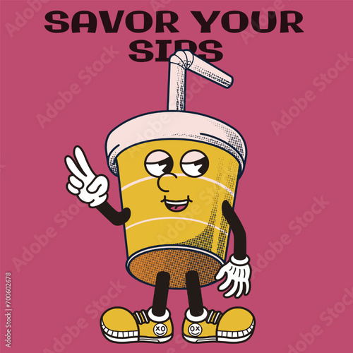 Cup Character Design With Slogan Savor your sips