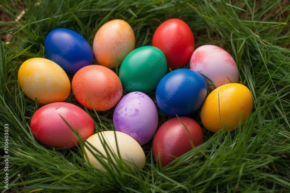 Assorted, beautifully colored Easter eggs lined on green grass. Generative AI