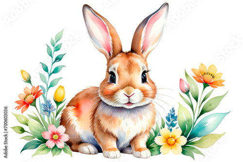 Cute bunny with spring colourful flowers on white background. © elena_hramowa
