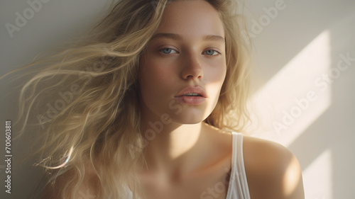 Beautiful blonde woman basking in the light, white background. grooming. cosmetics photo, beauty industry advertising photo.