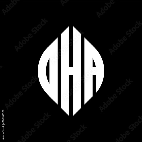 DHA circle letter logo design with circle and ellipse shape. DHA ellipse letters with typographic style. The three initials form a circle logo. DHA circle emblem abstract monogram letter mark vector.