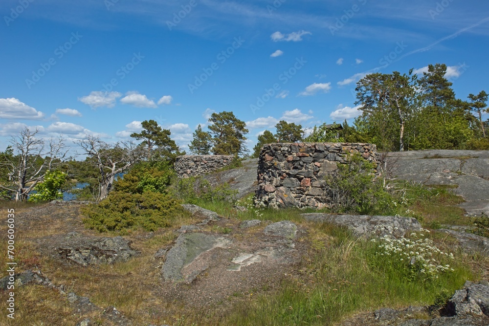 Remains of WW2 coastal battery positions in summer, Hanko, Finland.