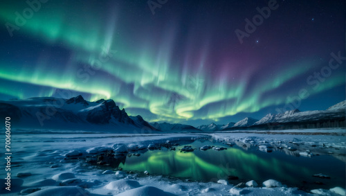 Northern Lights over snow-covered northern lake, framed by mountains. Stars and aurora borealis are reflected from water surface. Multicolored iridescent waves. Rare fascinating natural phenomenon.