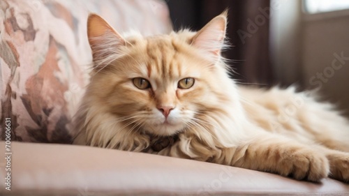 Beautiful blonde cat lying on the couch