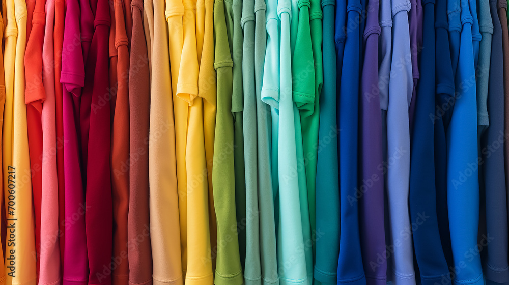 Colorful background of clothes. A Spectrum of multi colored background aligned 