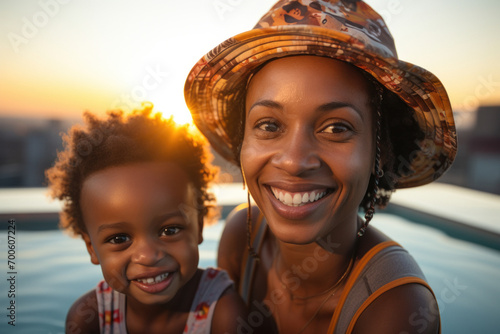 African mother and child swim in pool of apartment on the roof of skyscraper