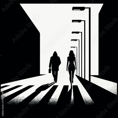 Man following woman in dark street at night. Concept for crime, stalking and sexual assault