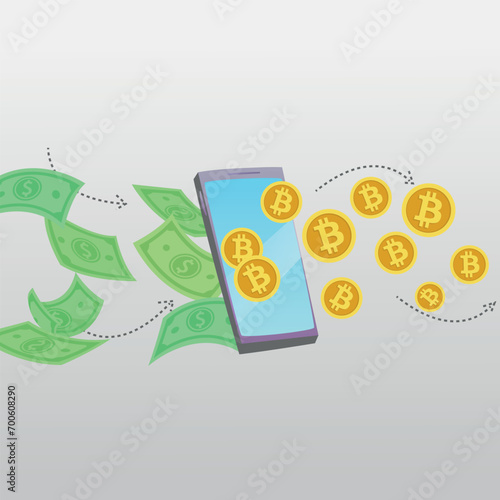 Digitization of paper cash into digital and cryptocurrency, green dollars fly into a smartphone and bitcoin coins come out, vector drawing