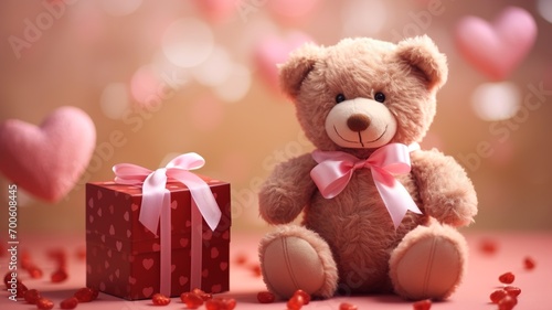 A cute teddy bear, with a charming gift box next to it, making the perfect Valentine's Day or birthday card. Concept of love. Generative AI photo