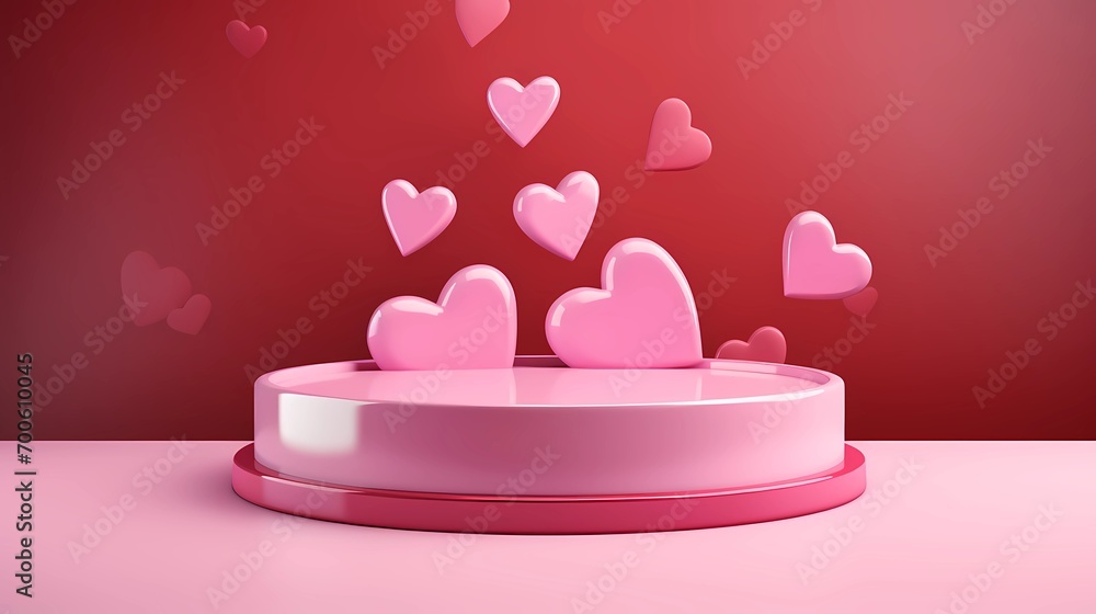 Podium stage for product presentation with a cute and romantic pink background. Perfect for love-themed designs. 