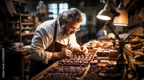 A skilled artisan carefully crafts gourmet chocolates in a traditional workshop setting, exemplifying fine craftsmanship.