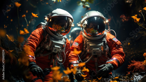 Two astronauts in vibrant orange suits surrounded by autumn leaves, evoking a sense of exploration and science fiction. © apratim