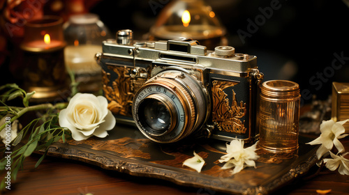 Vintage film camera elegantly displayed among candles and flowers, evoking a sense of nostalgia and luxury in classic photography. © apratim