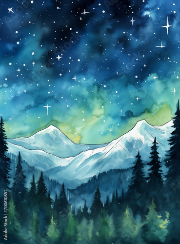 Paisagem floresta e montanhas e ao fundo um ceu estrelado e colorido - Ilustra    o em aquarela