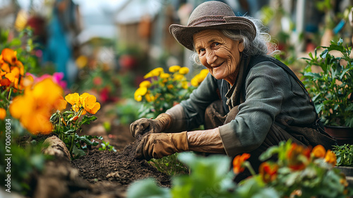 Portrait of the smiling senior grandmother with satisfaction on face preparing soil for planting at early morning. Concept of ecological environment