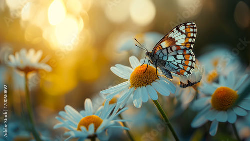 Beautiful Butterfly on Daisy in Vibrant Spring Sunset © praewpailyn
