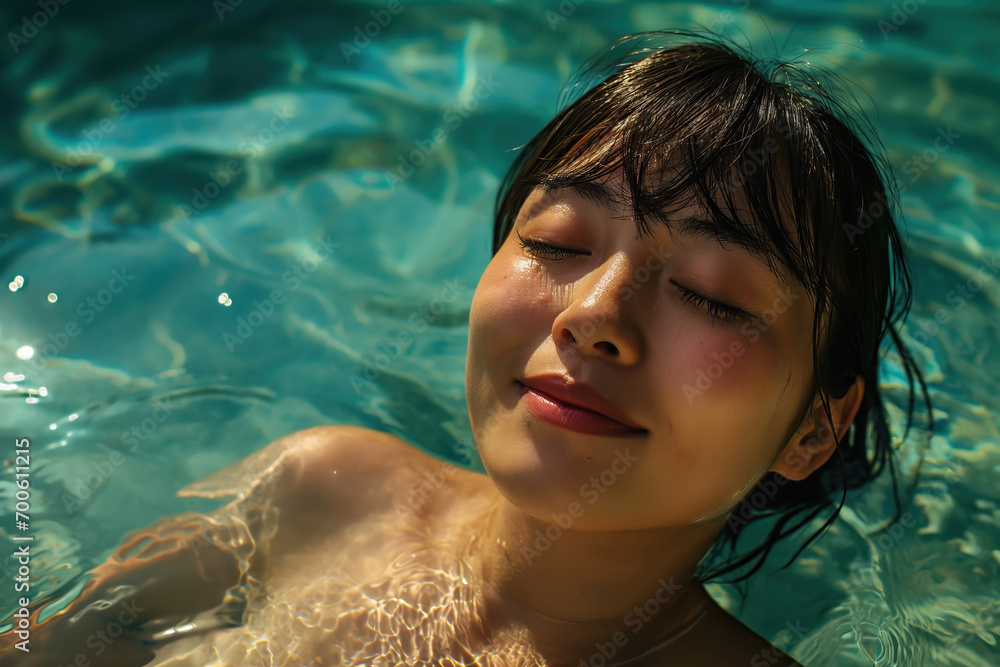 Young beautiful happy Asian woman relax and swim in blue lagoon water during vacation travel with copy space