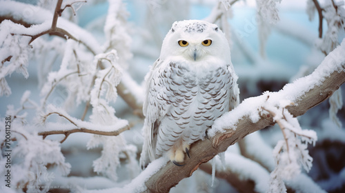 A whimsical scene of a snow owl with big, expressive eyes perched on a frosty branch. © Natalia