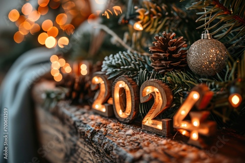 année 2024 en 3d en bois dans un décor de noël et de fêtes de fin d'année avec sapin, boules , gui, guirlandes et bougies photo
