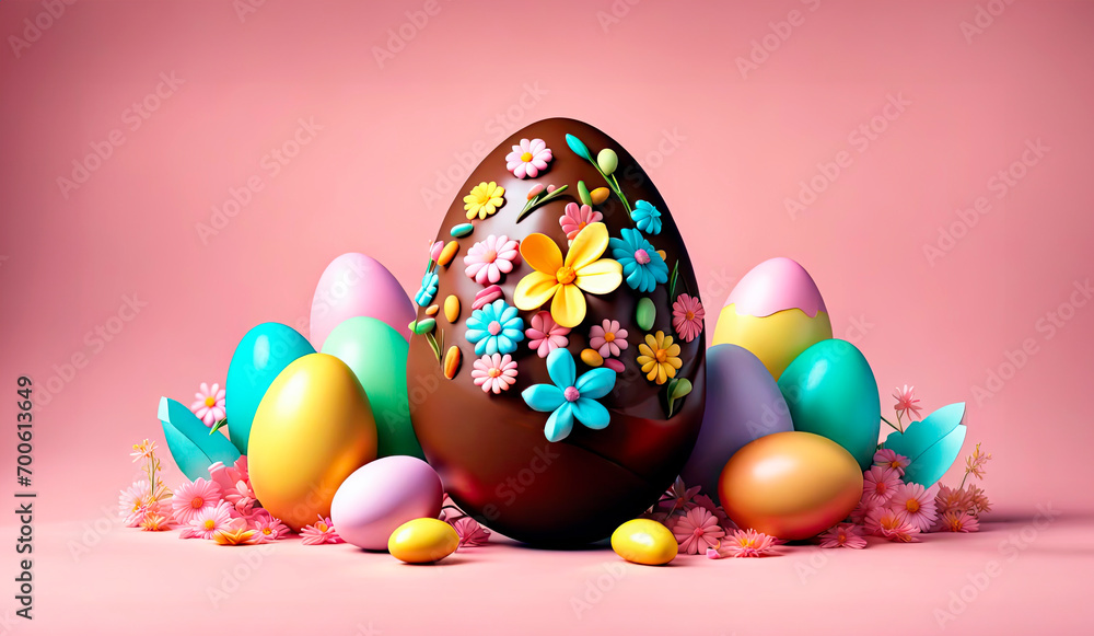 3D Chocolate Easter egg decorated with spring flowers. Easter greeting card 3D Chocolate Easter egg decorated with spring flowers. Easter greeting card