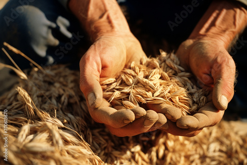An image of a farmer's hands gently separating wheat grains from the chaff. photo