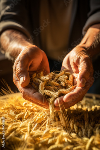 A close-up view of hands carefully inspecting and sorting wheat grains for quality.