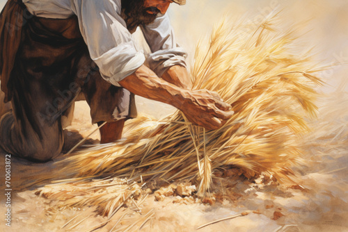 A depiction of hands tying bundles of wheat into sheaves during harvest.