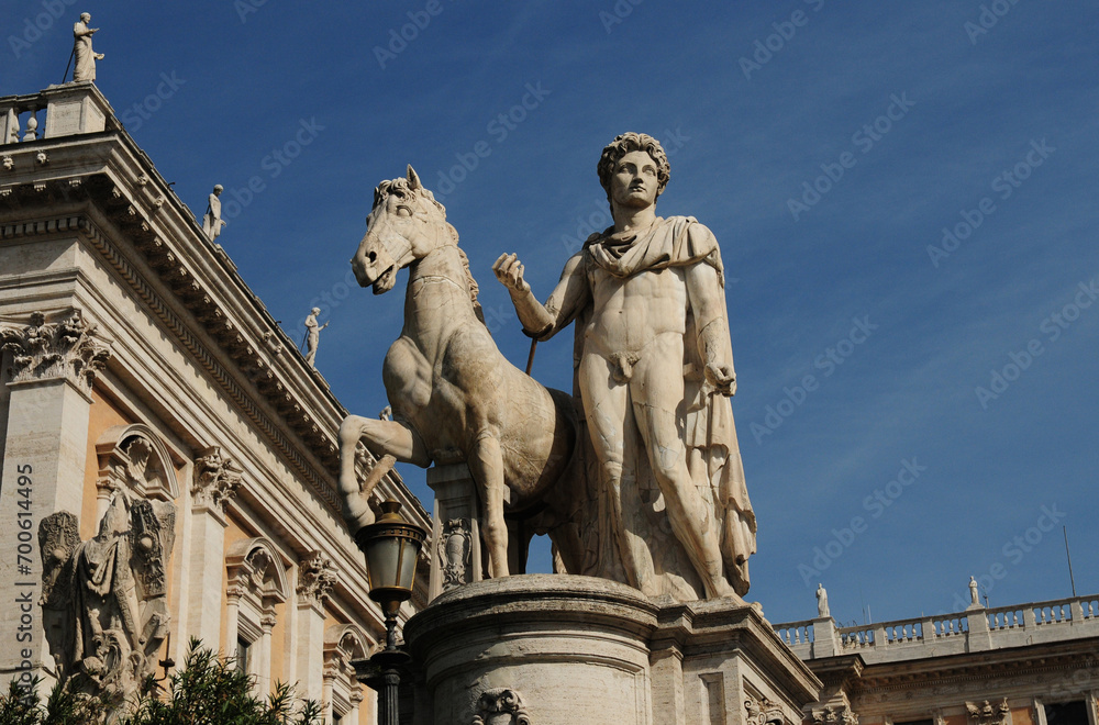 Statue With Horse At Piazza Del Campidoglio In Rome Italy On A Wonderful Spring Day With A Few Clouds In The Sky