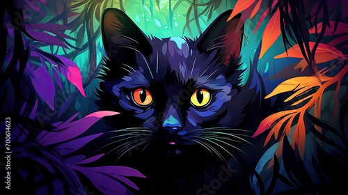 oil painting style illustration, cute black cat in autumn forest, cute and adorable wildlife, idea for wall art decor and background wallpaper, Generative Ai