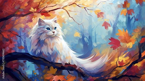 oil painting style illustration, cute white cat in autumn forest, cute and adorable wildlife, idea for wall art decor and background wallpaper, Generative Ai