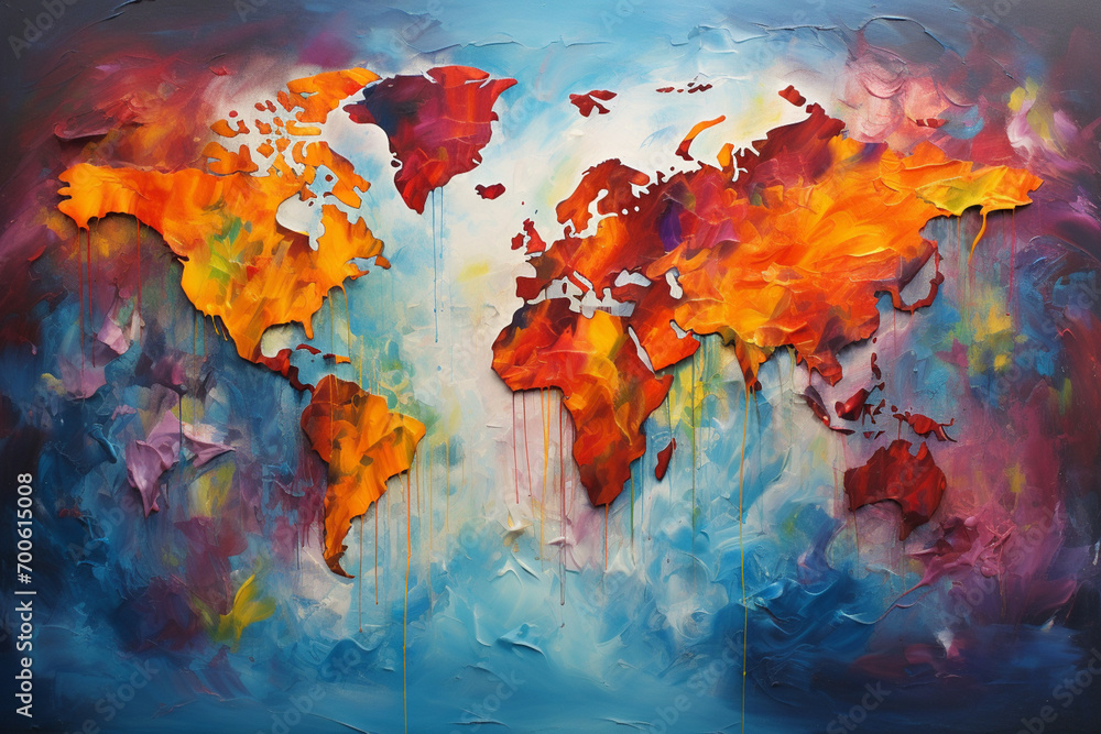 An abstract portrayal of the continents, each a burst of colors and textures that represent its essence.
