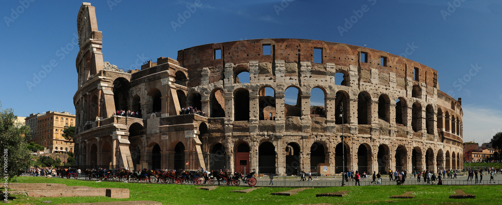 View To The Colosseum In Rome Italy On A Wonderful Spring Day With A Clear Blue Sky