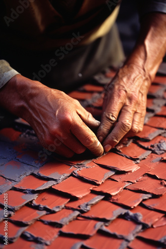 A detailed image of hands carefully shaping wet clay into traditional roof tiles.