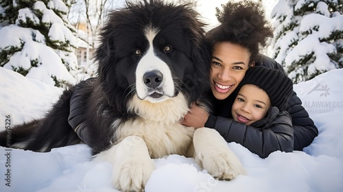 A happy African-American brothers sons with dog comes together in the winter outdoors, capturing warmth and togetherness in a heartwarming portrait #700615226