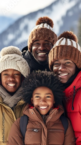 A happy African-American family comes together in the winter outdoors, capturing warmth and togetherness in a heartwarming portrait. Vertical shot