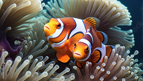 Clownfish and anemone in underwater of open ocean photo