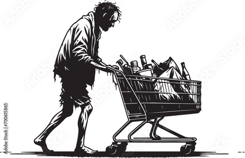 Desperate homeless man carries shopping cart with his belongings