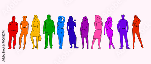 Shilhouette of men and women group standing isolated on white background vector illustration.