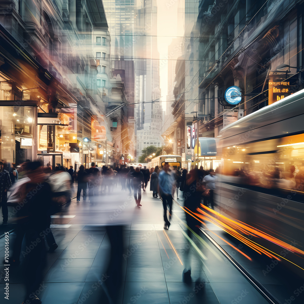 A bustling city street with people in motion blur.