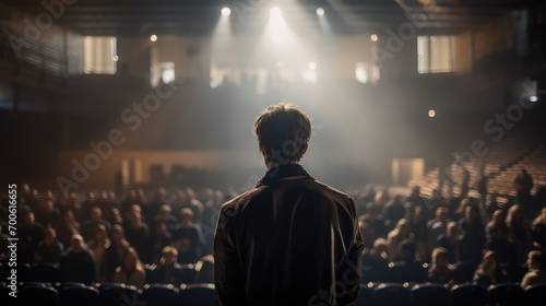 Speaker oder Redner bei einer Konferenz auf der Bühne vor dem Mikrofon. Auftritt vor Publikum auf einem Konzert.